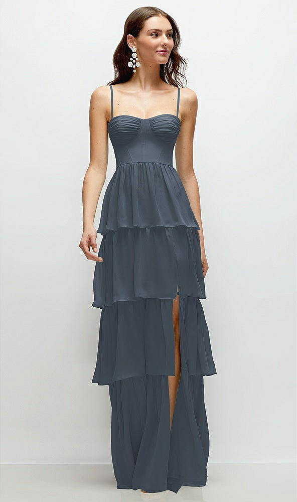 Front View - Silverstone Bustier-Style Chiffon Tiered Ruffle Maxi Dress with Adjustable Straps