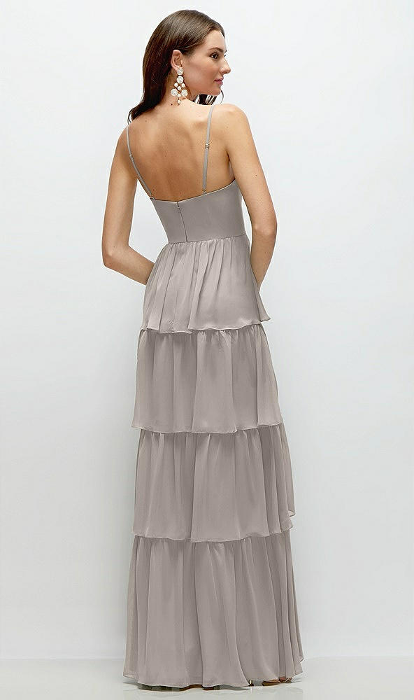 Back View - Taupe Bustier-Style Chiffon Tiered Ruffle Maxi Dress with Adjustable Straps