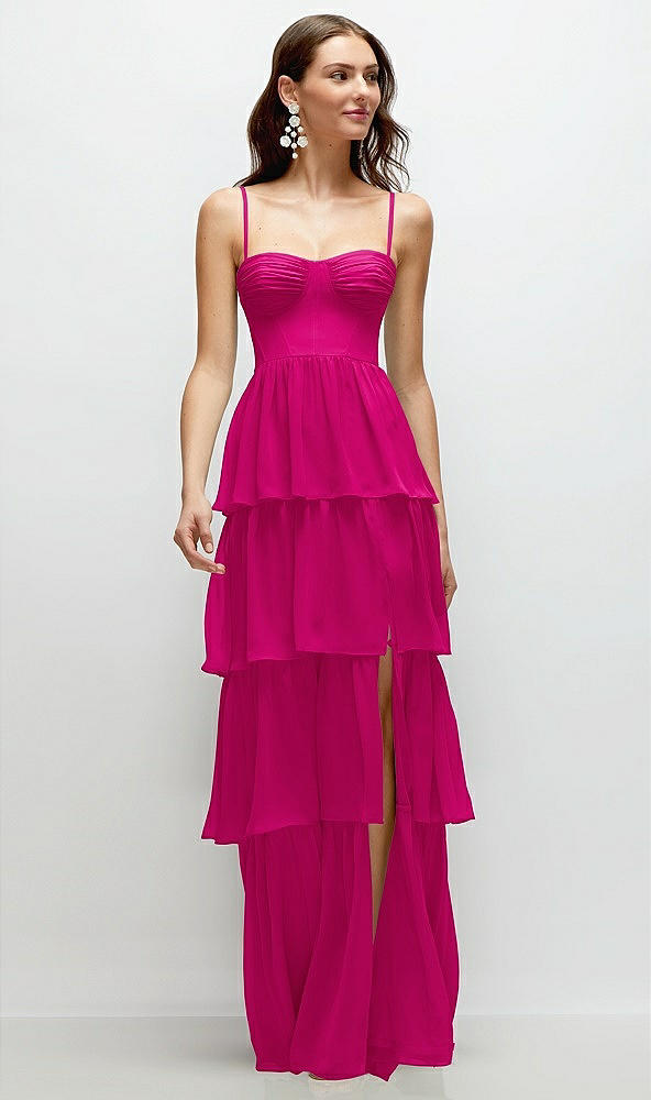 Front View - Think Pink Bustier-Style Chiffon Tiered Ruffle Maxi Dress with Adjustable Straps