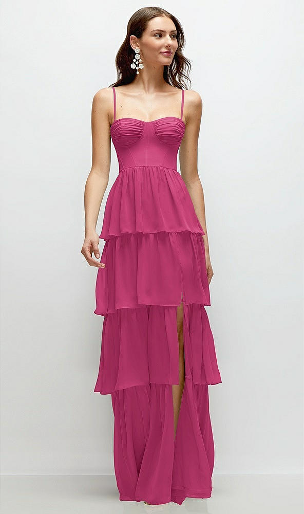 Front View - Tea Rose Bustier-Style Chiffon Tiered Ruffle Maxi Dress with Adjustable Straps