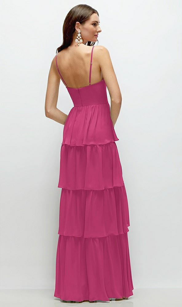 Back View - Tea Rose Bustier-Style Chiffon Tiered Ruffle Maxi Dress with Adjustable Straps