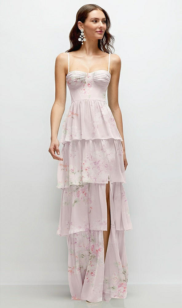 Front View - Watercolor Print Bustier-Style Chiffon Tiered Ruffle Maxi Dress with Adjustable Straps