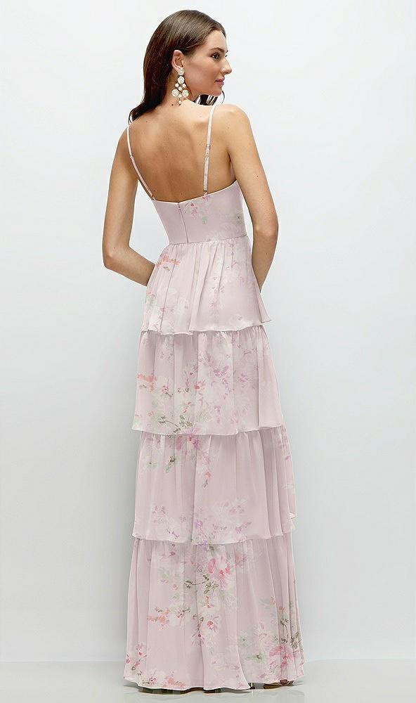 Back View - Watercolor Print Bustier-Style Chiffon Tiered Ruffle Maxi Dress with Adjustable Straps