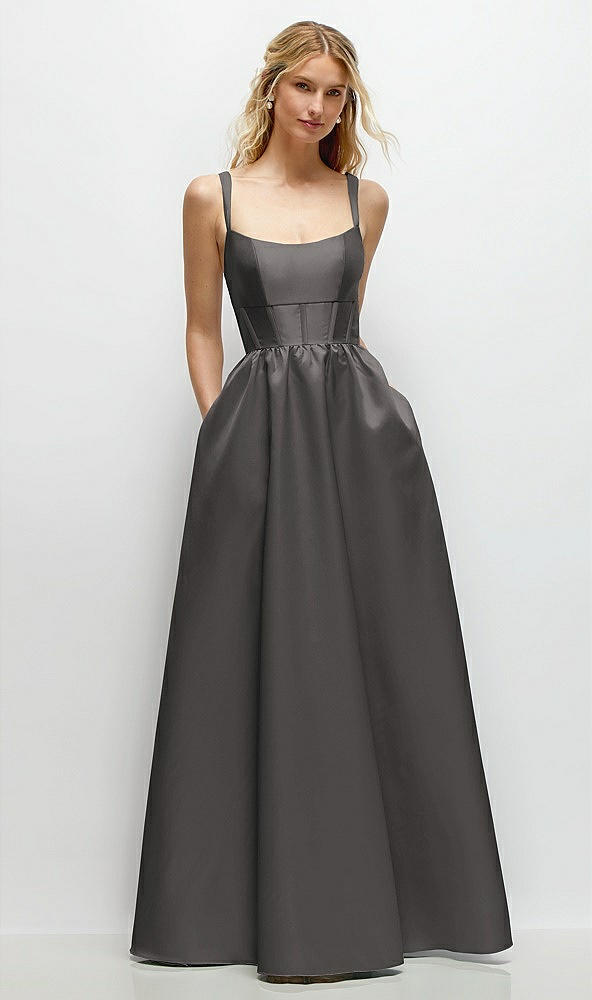 Front View - Caviar Gray Scoop Neck Inset Corset Satin Maxi Dress with Pockets