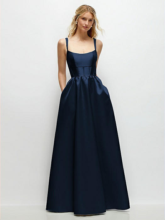 Scoop Neck Inset Corset Satin Maxi Dress with Pockets