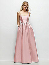 Front View Thumbnail - Ballet Pink Scoop Neck Inset Corset Satin Maxi Dress with Pockets