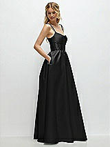 Side View Thumbnail - Black Scoop Neck Inset Corset Satin Maxi Dress with Pockets