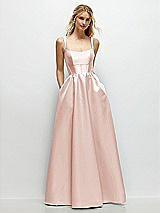 Front View Thumbnail - Blush Scoop Neck Inset Corset Satin Maxi Dress with Pockets