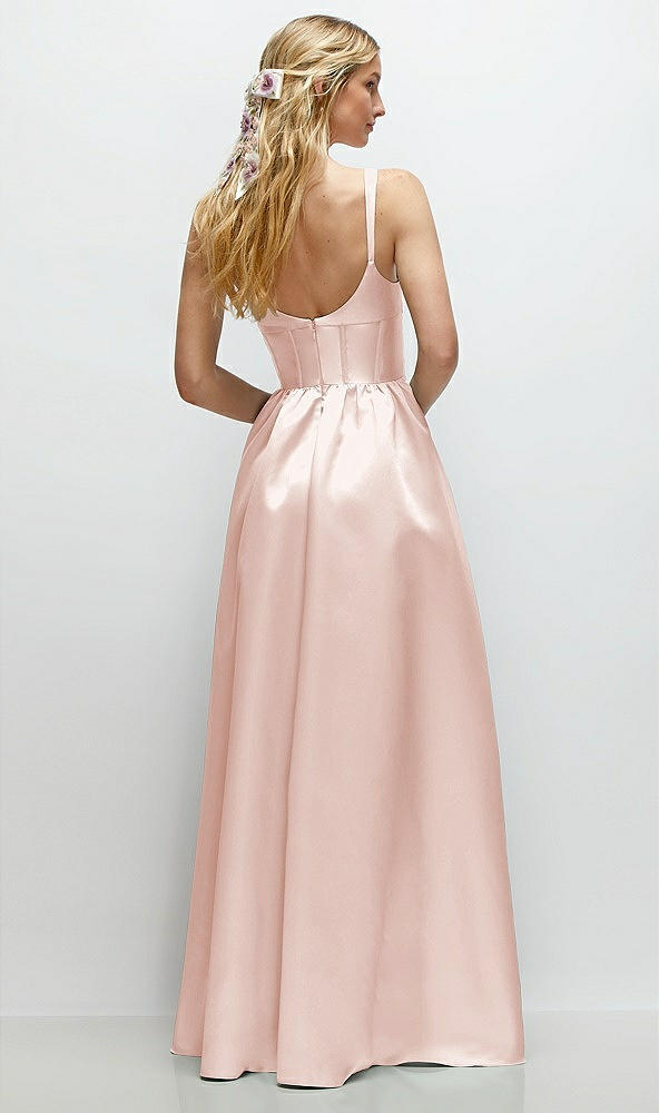 Back View - Blush Scoop Neck Inset Corset Satin Maxi Dress with Pockets