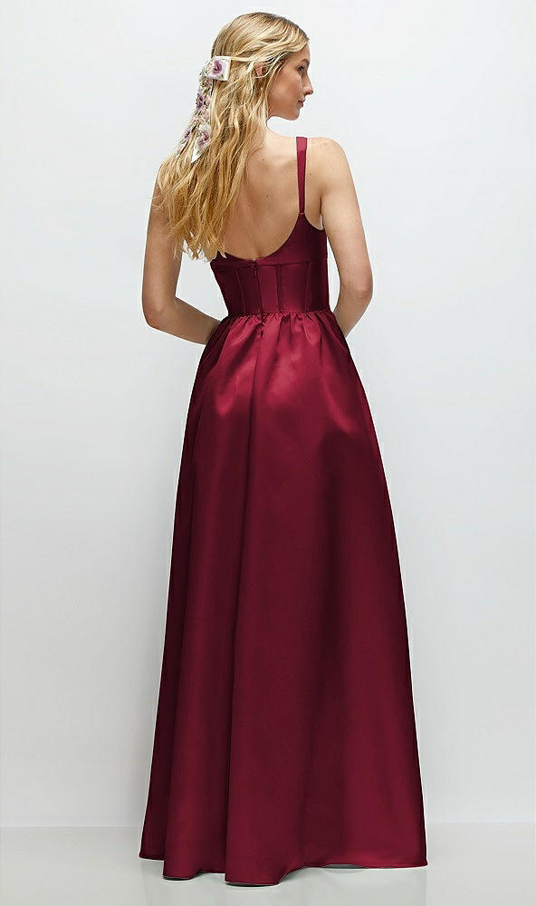 Back View - Burgundy Scoop Neck Inset Corset Satin Maxi Dress with Pockets