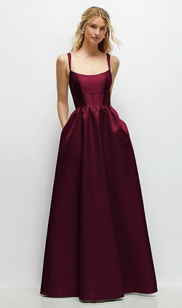 Front View - Cabernet Scoop Neck Inset Corset Satin Maxi Dress with Pockets