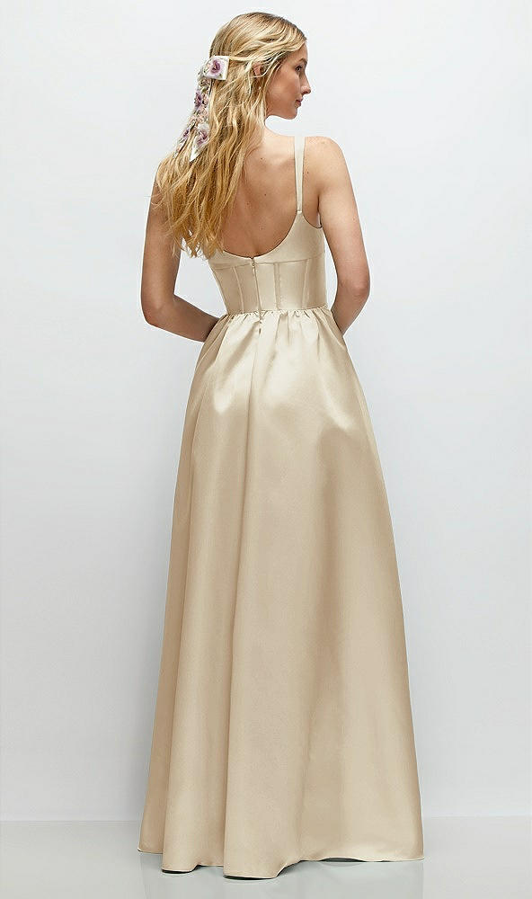 Back View - Champagne Scoop Neck Inset Corset Satin Maxi Dress with Pockets