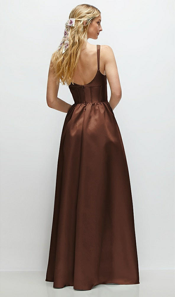 Back View - Cognac Scoop Neck Inset Corset Satin Maxi Dress with Pockets