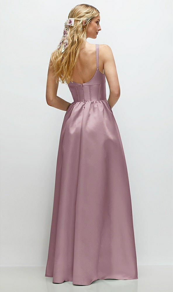 Back View - Dusty Rose Scoop Neck Inset Corset Satin Maxi Dress with Pockets