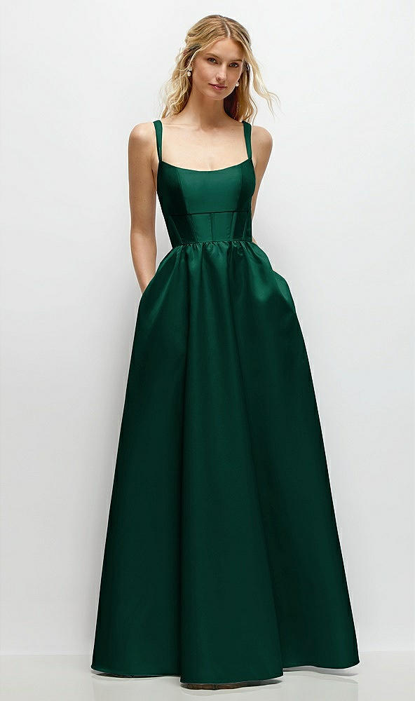 Front View - Hunter Green Scoop Neck Inset Corset Satin Maxi Dress with Pockets