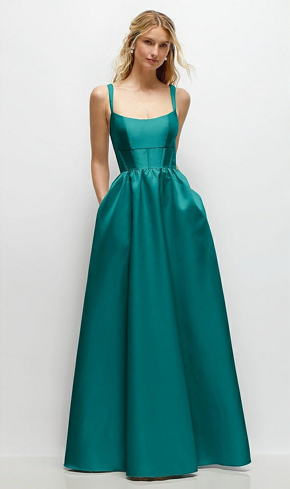 Front View - Jade Scoop Neck Inset Corset Satin Maxi Dress with Pockets