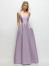 Front View Thumbnail - Lilac Haze Scoop Neck Inset Corset Satin Maxi Dress with Pockets