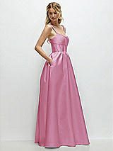 Side View Thumbnail - Powder Pink Scoop Neck Inset Corset Satin Maxi Dress with Pockets