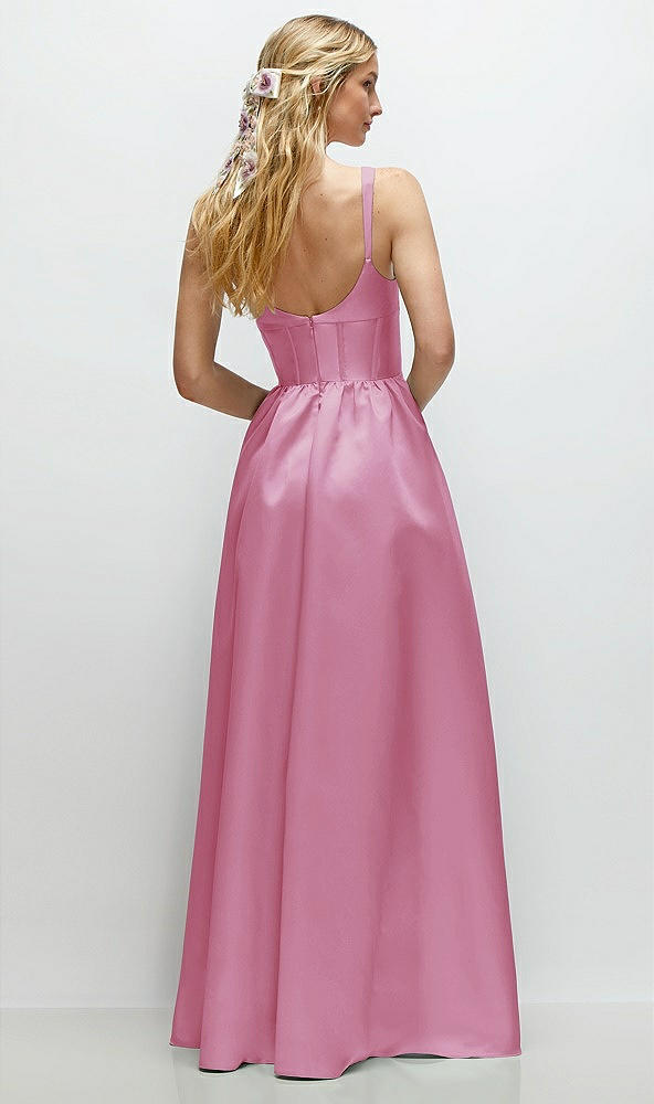 Back View - Powder Pink Scoop Neck Inset Corset Satin Maxi Dress with Pockets