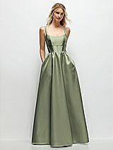 Front View Thumbnail - Sage Scoop Neck Inset Corset Satin Maxi Dress with Pockets