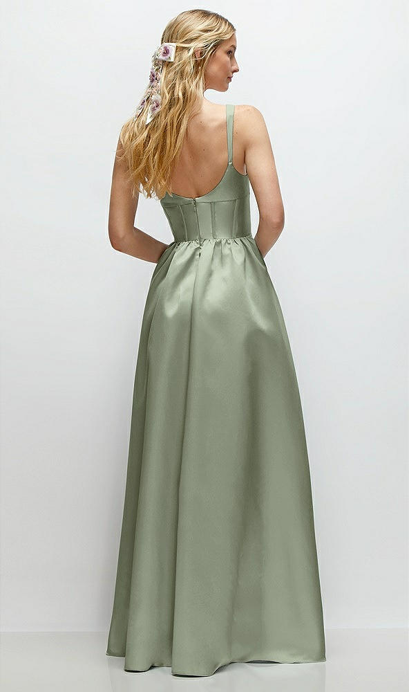 Back View - Sage Scoop Neck Inset Corset Satin Maxi Dress with Pockets