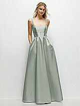 Front View Thumbnail - Willow Green Scoop Neck Inset Corset Satin Maxi Dress with Pockets