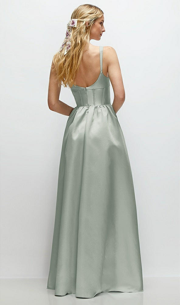 Back View - Willow Green Scoop Neck Inset Corset Satin Maxi Dress with Pockets