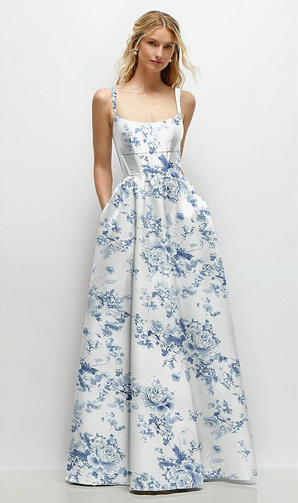 Front View - Cottage Rose Larkspur Scoop Neck Inset Corset Floral Satin Maxi Dress with Pockets