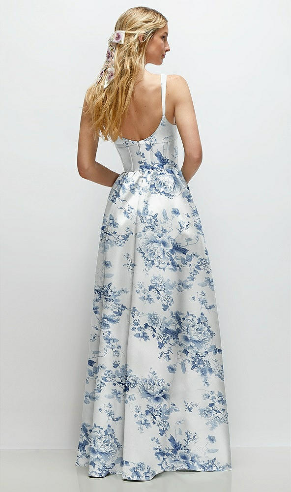 Back View - Cottage Rose Larkspur Scoop Neck Inset Corset Floral Satin Maxi Dress with Pockets