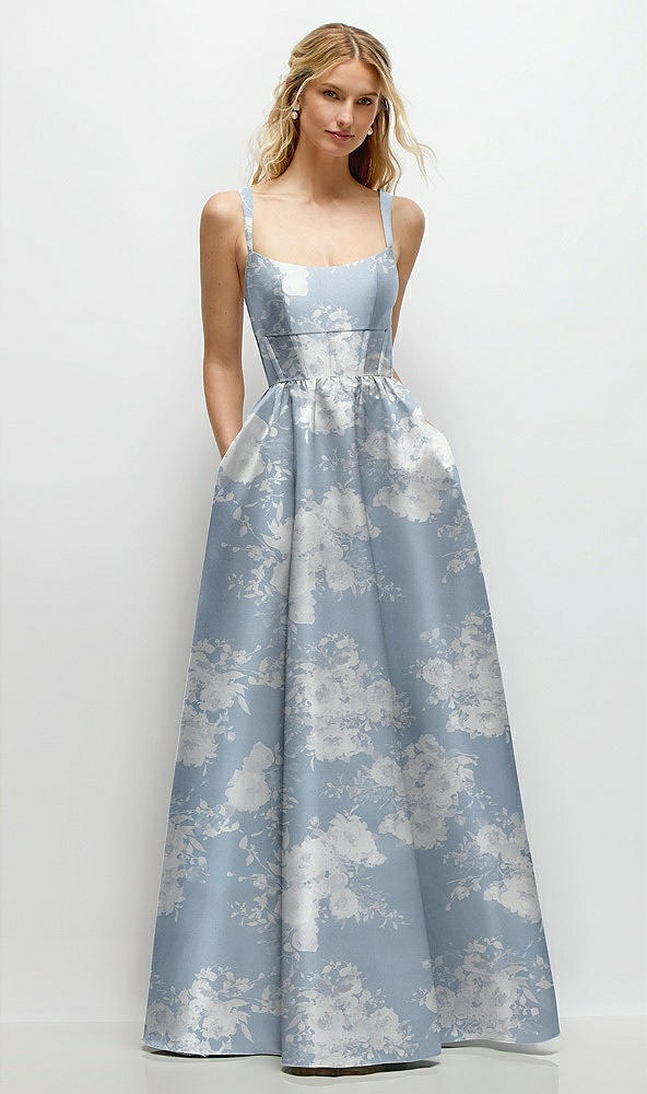 Front View - Porcelain Blue Seraphina Floral Scoop Neck Inset Corset Floral Satin Maxi Dress with Pockets