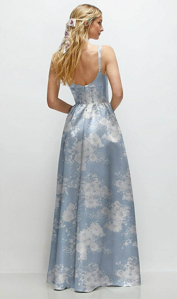 Back View - Porcelain Blue Seraphina Floral Scoop Neck Inset Corset Floral Satin Maxi Dress with Pockets