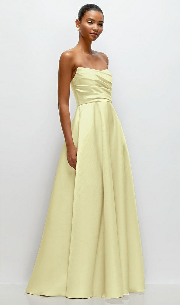 Front View - Butter Yellow Strapless Draped Cat-Eye Satin Maxi Dress with Full Skirt