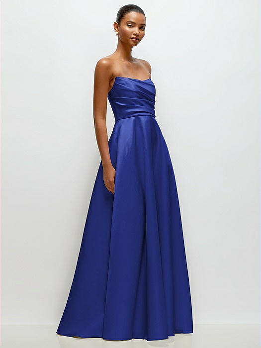 Strapless Draped Cat-Eye Satin Maxi Dress with Full Skirt