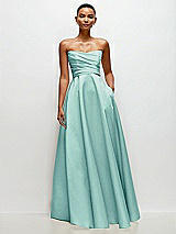 Side View Thumbnail - Coastal Strapless Draped Cat-Eye Satin Maxi Dress with Full Skirt