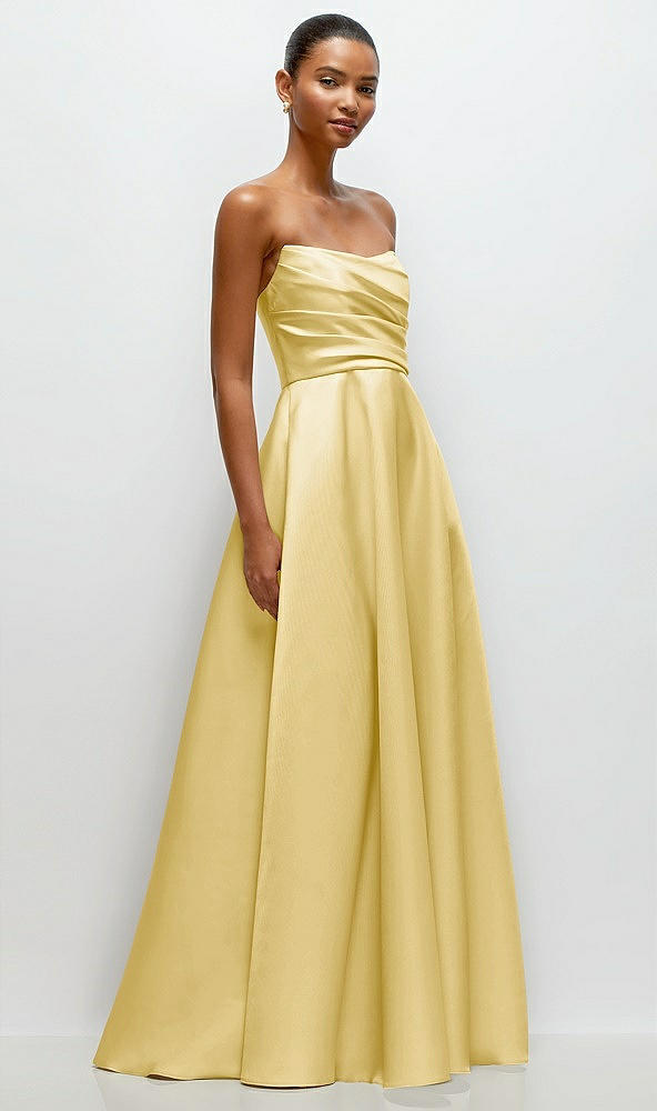 Front View - Maize Strapless Draped Cat-Eye Satin Maxi Dress with Full Skirt