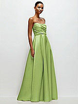 Front View Thumbnail - Mojito Strapless Draped Cat-Eye Satin Maxi Dress with Full Skirt