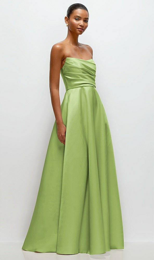 Front View - Mojito Strapless Draped Cat-Eye Satin Maxi Dress with Full Skirt