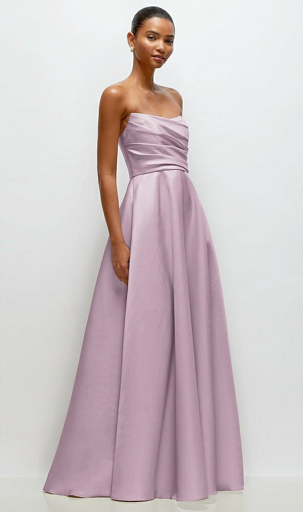 Front View - Suede Rose Strapless Draped Cat-Eye Satin Maxi Dress with Full Skirt