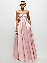 Side View Thumbnail - Ballet Pink Strapless Draped Cat-Eye Satin Maxi Dress with Full Skirt