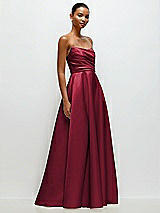 Front View Thumbnail - Burgundy Strapless Draped Cat-Eye Satin Maxi Dress with Full Skirt