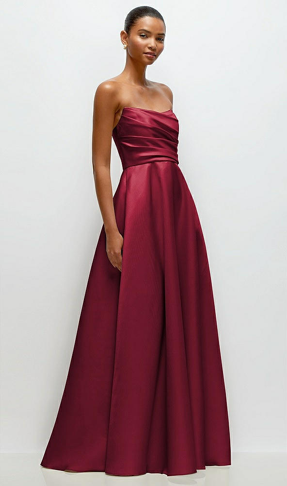 Front View - Burgundy Strapless Draped Cat-Eye Satin Maxi Dress with Full Skirt