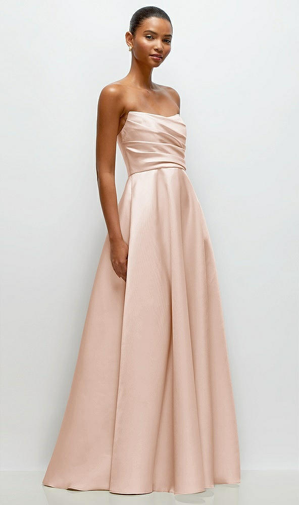 Front View - Cameo Strapless Draped Cat-Eye Satin Maxi Dress with Full Skirt