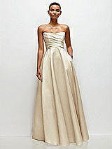 Side View Thumbnail - Champagne Strapless Draped Cat-Eye Satin Maxi Dress with Full Skirt