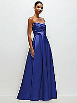 Front View Thumbnail - Cobalt Blue Strapless Draped Cat-Eye Satin Maxi Dress with Full Skirt