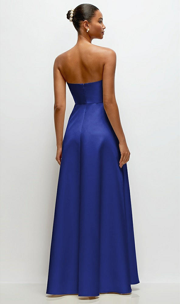 Back View - Cobalt Blue Strapless Draped Cat-Eye Satin Maxi Dress with Full Skirt