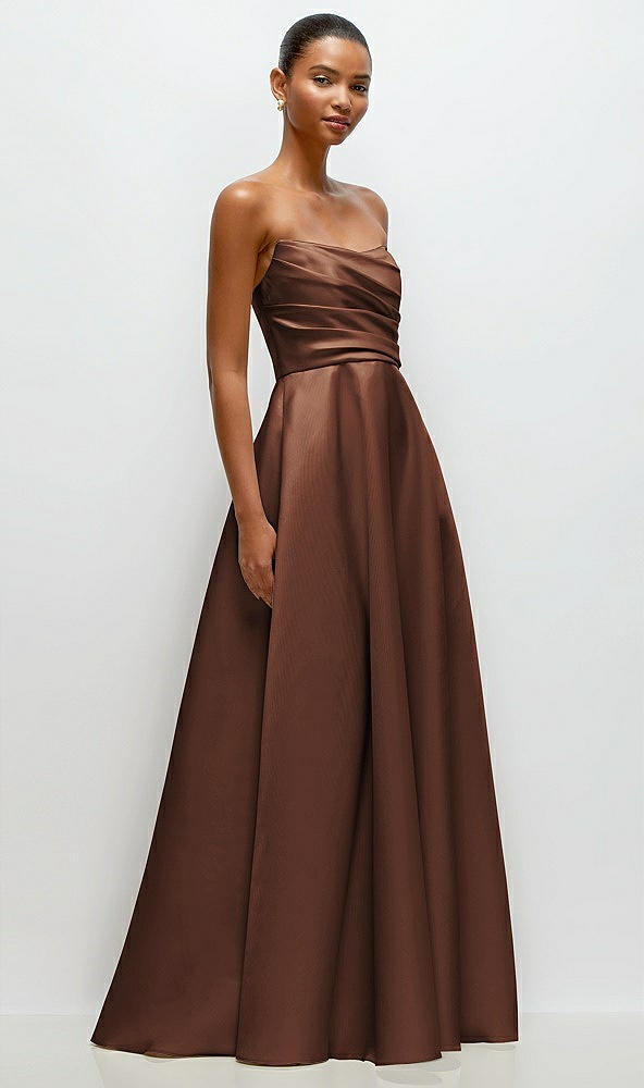 Front View - Cognac Strapless Draped Cat-Eye Satin Maxi Dress with Full Skirt