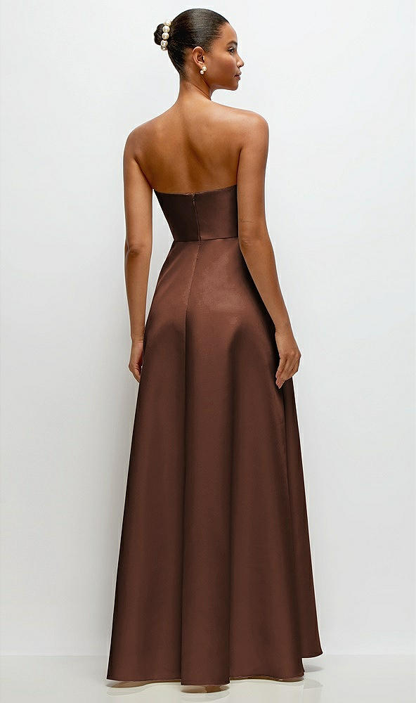 Back View - Cognac Strapless Draped Cat-Eye Satin Maxi Dress with Full Skirt