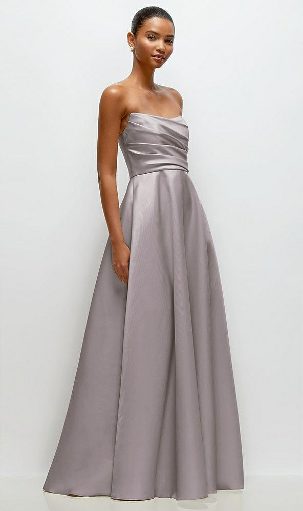 Front View - Cashmere Gray Strapless Draped Cat-Eye Satin Maxi Dress with Full Skirt