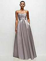 Side View Thumbnail - Cashmere Gray Strapless Draped Cat-Eye Satin Maxi Dress with Full Skirt