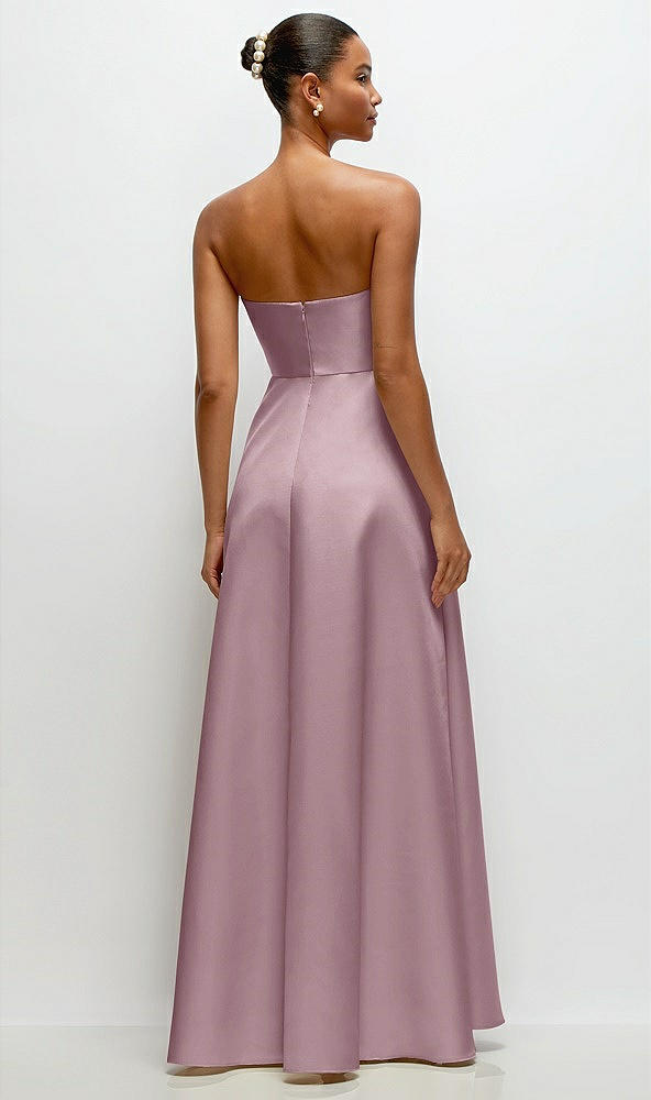 Back View - Dusty Rose Strapless Draped Cat-Eye Satin Maxi Dress with Full Skirt